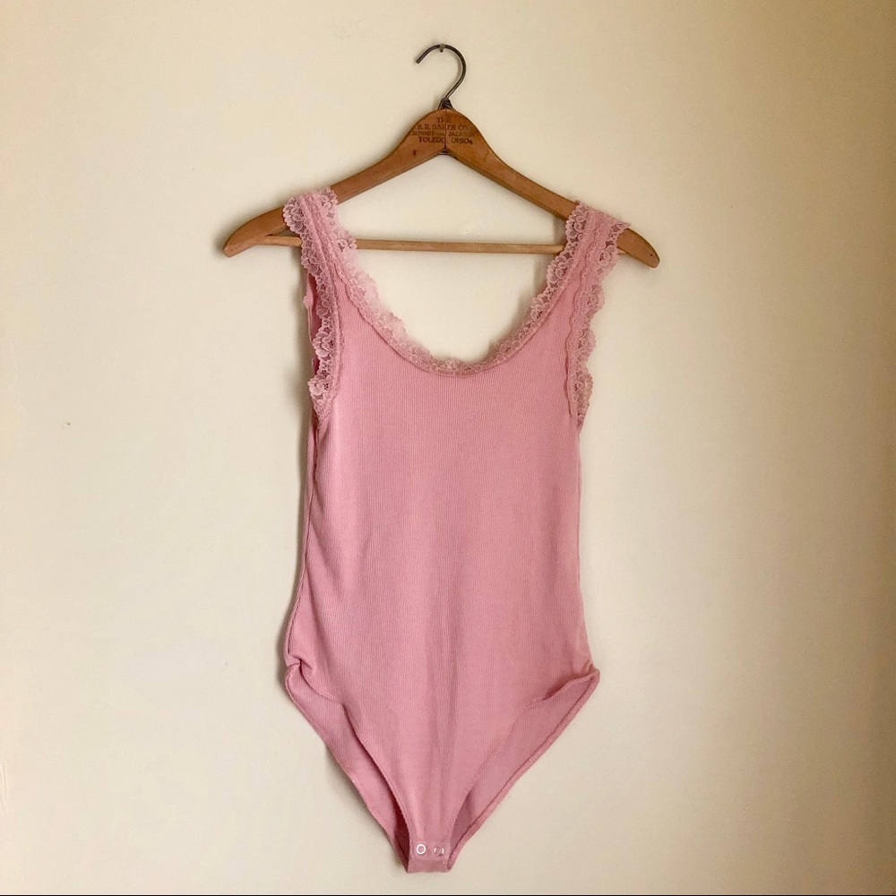 Poof Ribbed Pink Lace Trim Bodysuit